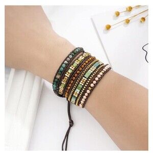 Boho Wrap Bracelet Natural Stone Beaded Leather Cuff Turquoise Green Adjustable